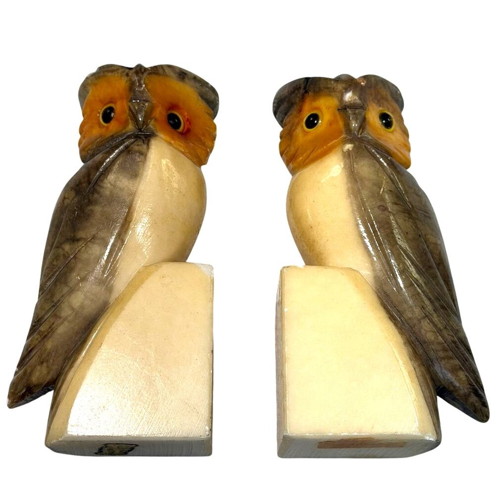 Vintage ABF Italian Alabaster Owl Bookends Pair Hand Carved Italy 5.75"
